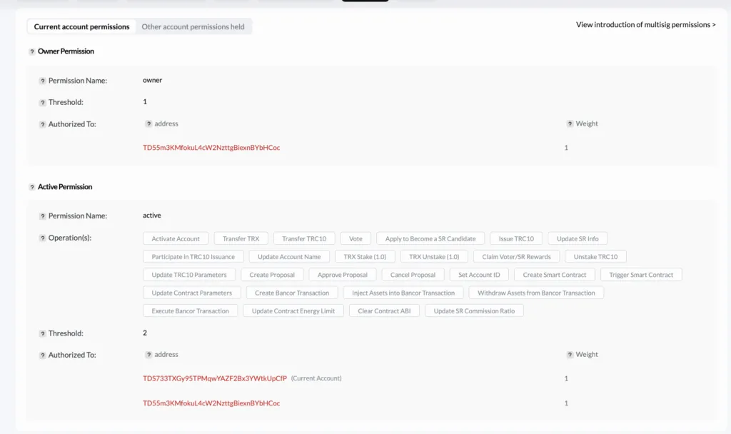 E. Protocol Permission Matrix on Tronscan – screenshot